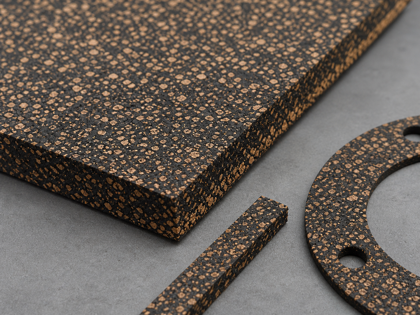 Close-up of cork rubber composite sheet with visible cork particles and rubber binder