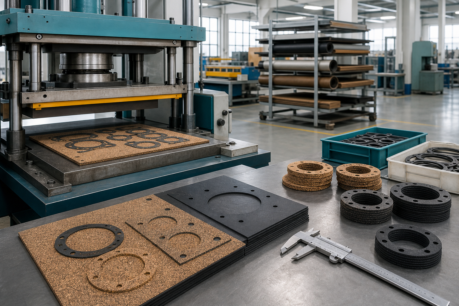 Clean gasket manufacturing workshop with die cutting press and finished gasket stacks